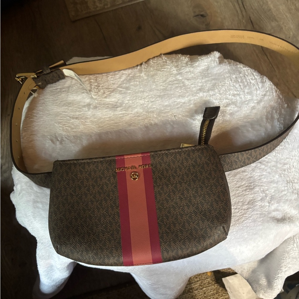 NWT.   Michael Kors Brown belt or Crossbody Bag with Pink Stripe